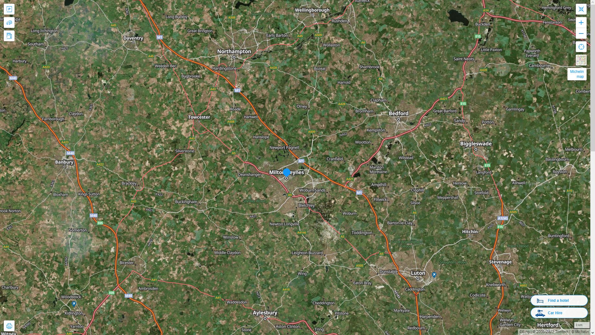 Milton Keynes Royaume Uni Autoroute et carte routiere avec vue satellite